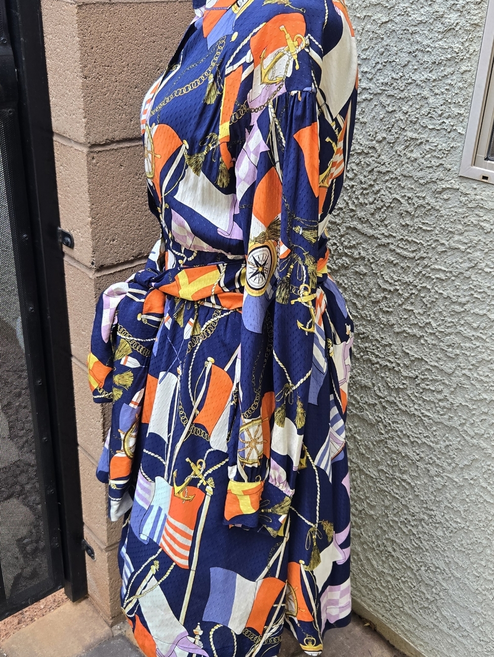 Anthropologie Maeve Nautical Navy Printed Long-Sleeve Wrap Dress Blue Flag Sail - Picture 7 of 12